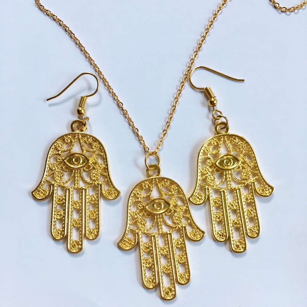 Hamsa Evil Eye Necklace & Earring Set - Picture 4 of 7